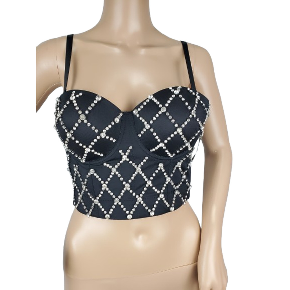 Selfish women's black rhinestone bra top size S